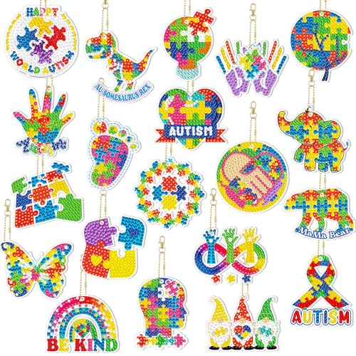 Landical 20 peças de chaveiros de pintura de diamante para conscientização do autismo, quebra-cabeça