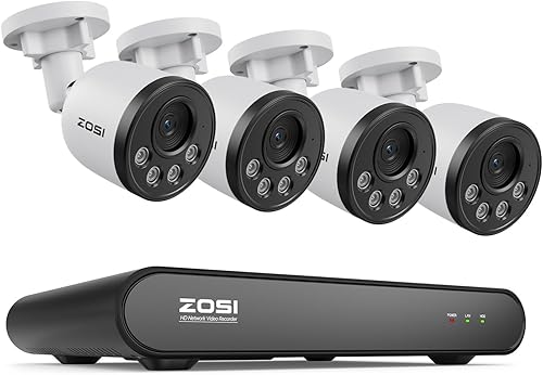 ZOSI Sistema de cámara de seguridad de 5MP con audio, 4 cámaras IP PoE con cable de 4MP para interiores y exteriores, detección inteligente de