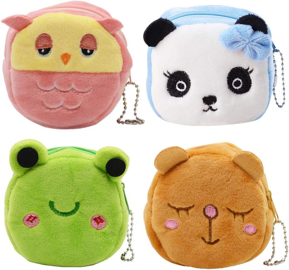 Cartoon Plush Coin Purse,Cute Animals Coin Pouch Bag for Kids, Coin Tray Wallet Key Holder Clutch Bags, Headphones, Data Cable Storage Package, Gift for Boy and Girls (4 Pack Animals)