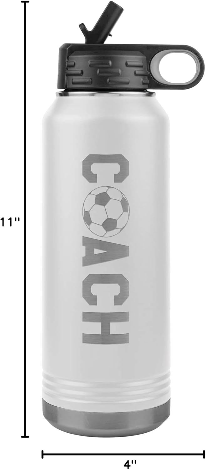 Soccer Coach Water Bottle - 32oz Insulated Engraved Stainless Steel Flip Top With Straw Soccer Coach Gift Black