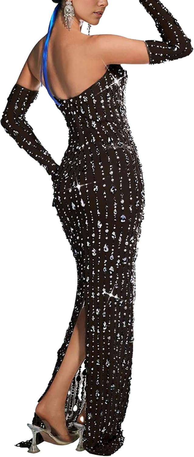 PORRCEY Women's Hot Drilling Craft Sexy Long Sleeve Mesh See Through Party Club Night Rhinestone Dress - Image 2