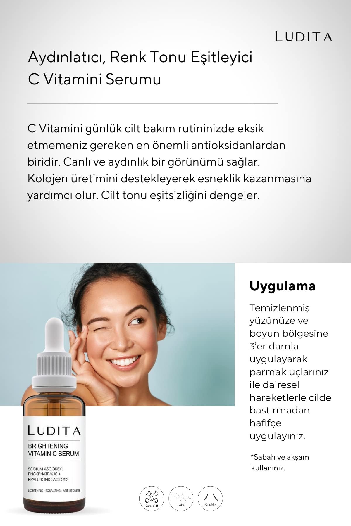 Ludita Aydınlatıcı, Renk Tonu Eşitleyici C Vitamini Serumu (Vitamin C 10% + Hyaluronic Acid 2%)