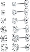 MDFUN 18K White Gold Plated Cubic Zirconia Stud Earrings - 6 Pairs Round CZ Set 3-8mm for Women & Men