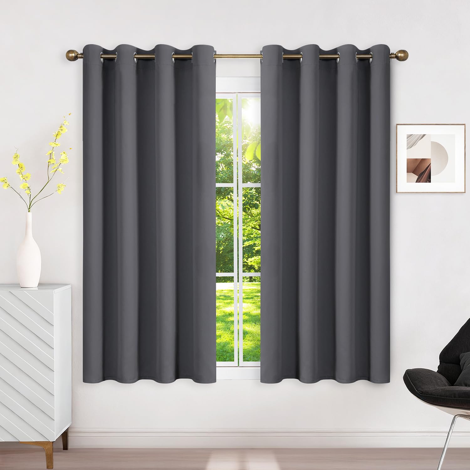 Runyéla Blackout Curtains for Bedroom Eyelet 52 x 54 Inch Drop Grey Thermal Black Out Curtain for Living Room, 2 Panels, Dark Grey