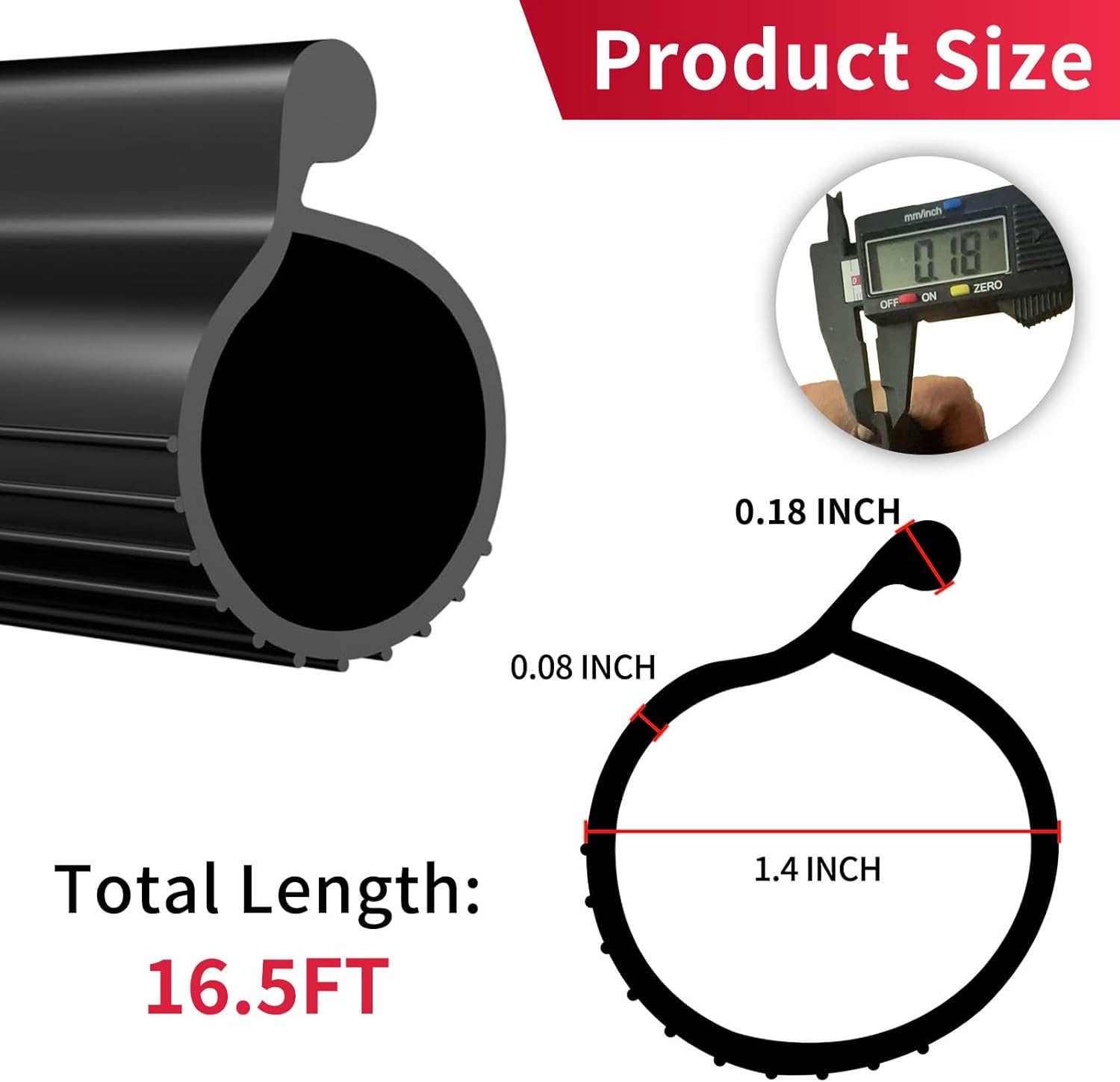 16.5FT 0.18" P-Bulb EPDM Rubber Garage Door Bottom Seal – Weather Stripping for Single-Channel Doors, Black