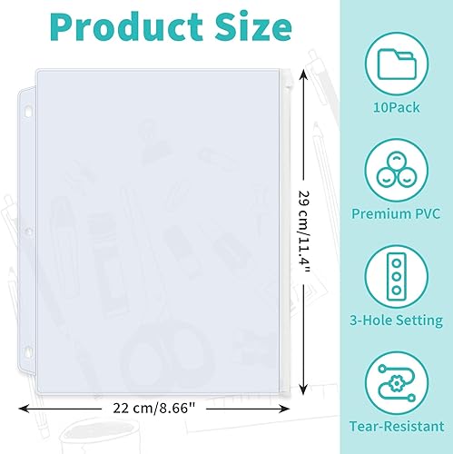 Miniatura 10 de Binditek Paquete de 40 bolsillos de plástico con cremallera, carpetas perforadas de 3 agujeros para carpeta de 3 anillas, PVC transparente con
