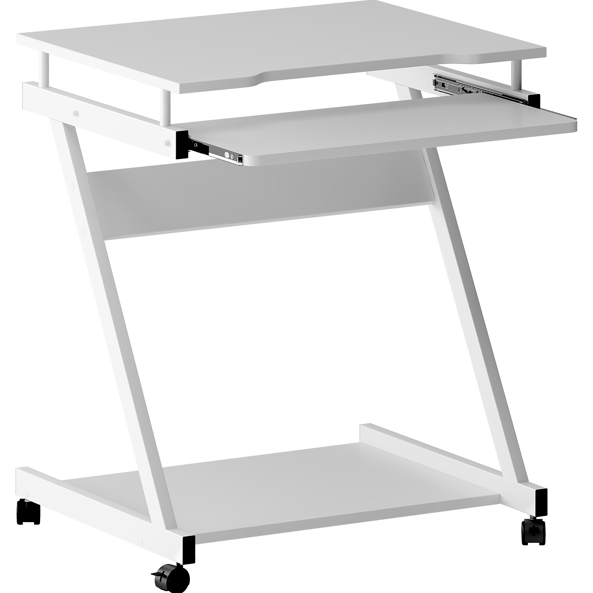 soges Schreibtisch Kleiner Computertisch Laptoptisch PC Tisch Z-Form mit Rollen und 2 Bremsen, Tastaturablage und CPU Ständer, 60 cm x 48 cm x 73 cm