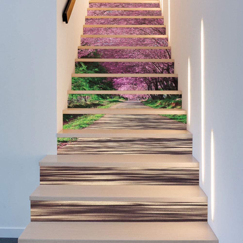Stickers escaliers 3D paysage cerisier pour décoration porche et salon