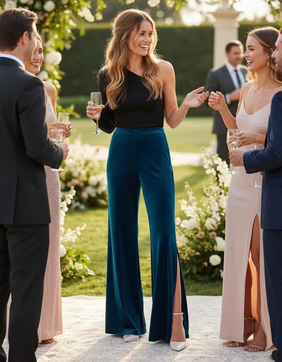 Womens Velvet Dress Pants Elastic High Waisted Bell Bottom Pants for Women Side Slit Casual Flare Trousers