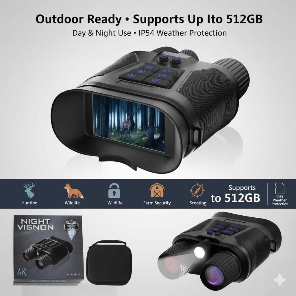 4K Digital Night Vision Goggles for Adults - Rechargeable Infrared Binoculars with 3'' Large Screen - 32GB Card Included, 3500mAh Battery, Audio Recording - 8X Zoom for Hunting, Camping & Security