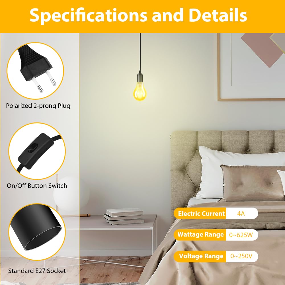 HOTUT Oprawa lampy E27 z przełącznikiem, 2 sztuki oprawek E27 z kablem sieciowym 2 m i wtyczką EU, oprawa z kablem czarna do zawieszenia lamp, lamp wiszących, lamp sufitowych, projektów DIY