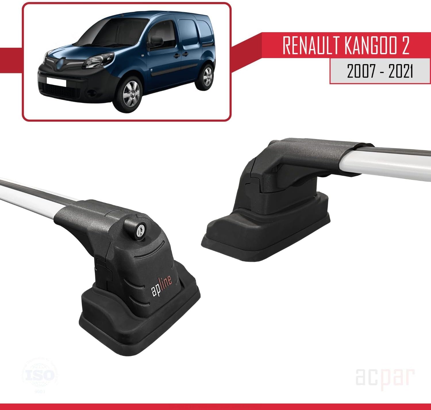 Compatible with Renault Kangoo 2 2007-2021 ACE-3 Car Roof Rack Cross Bar Grey Aluminium 2 Bars