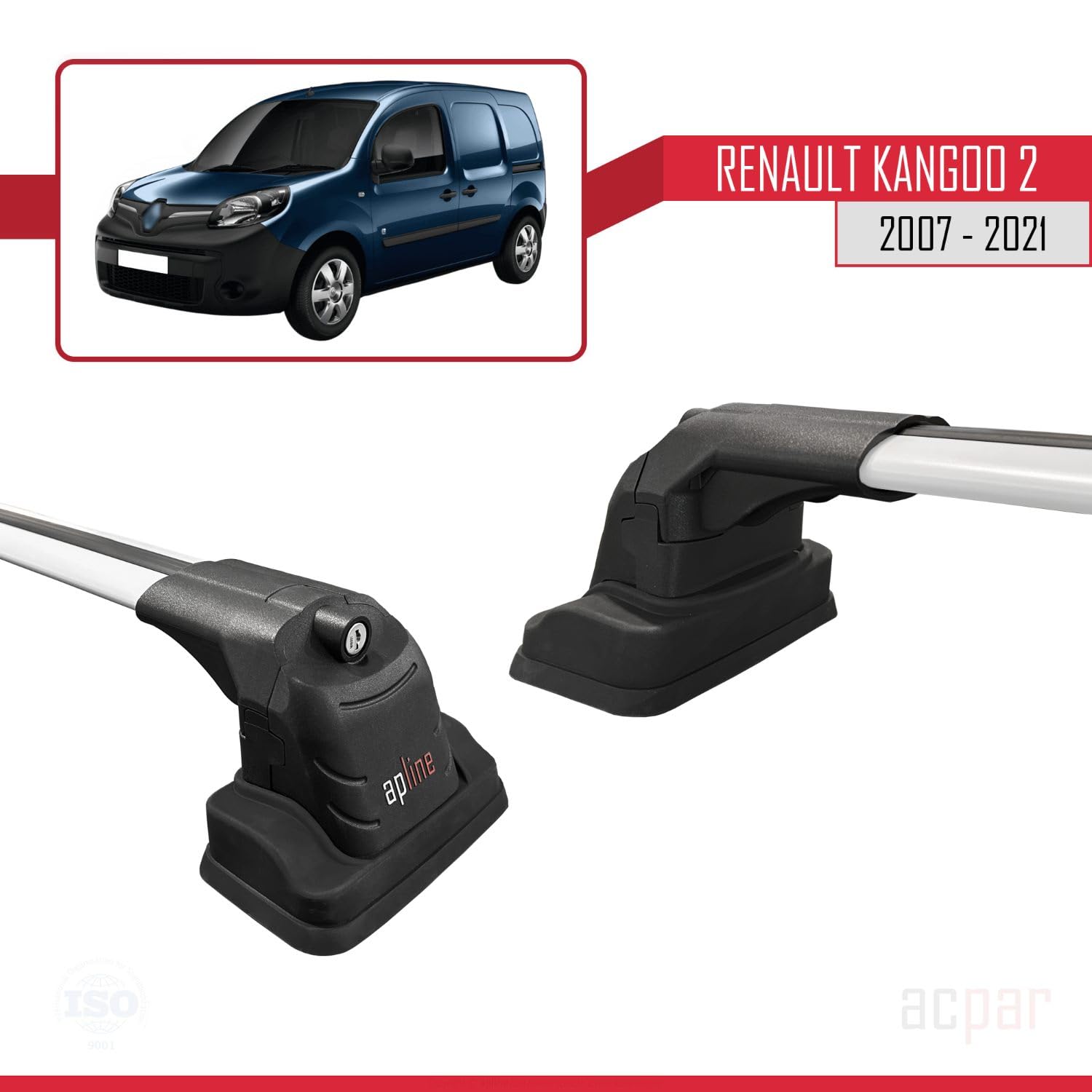 Compatible con Renault Kangoo 2 (X61) 2007-2021 Modelo Ace-3 Barra de Techo Auto Portaequipajes Barras Transversales Gris Aluminio 2 Barras