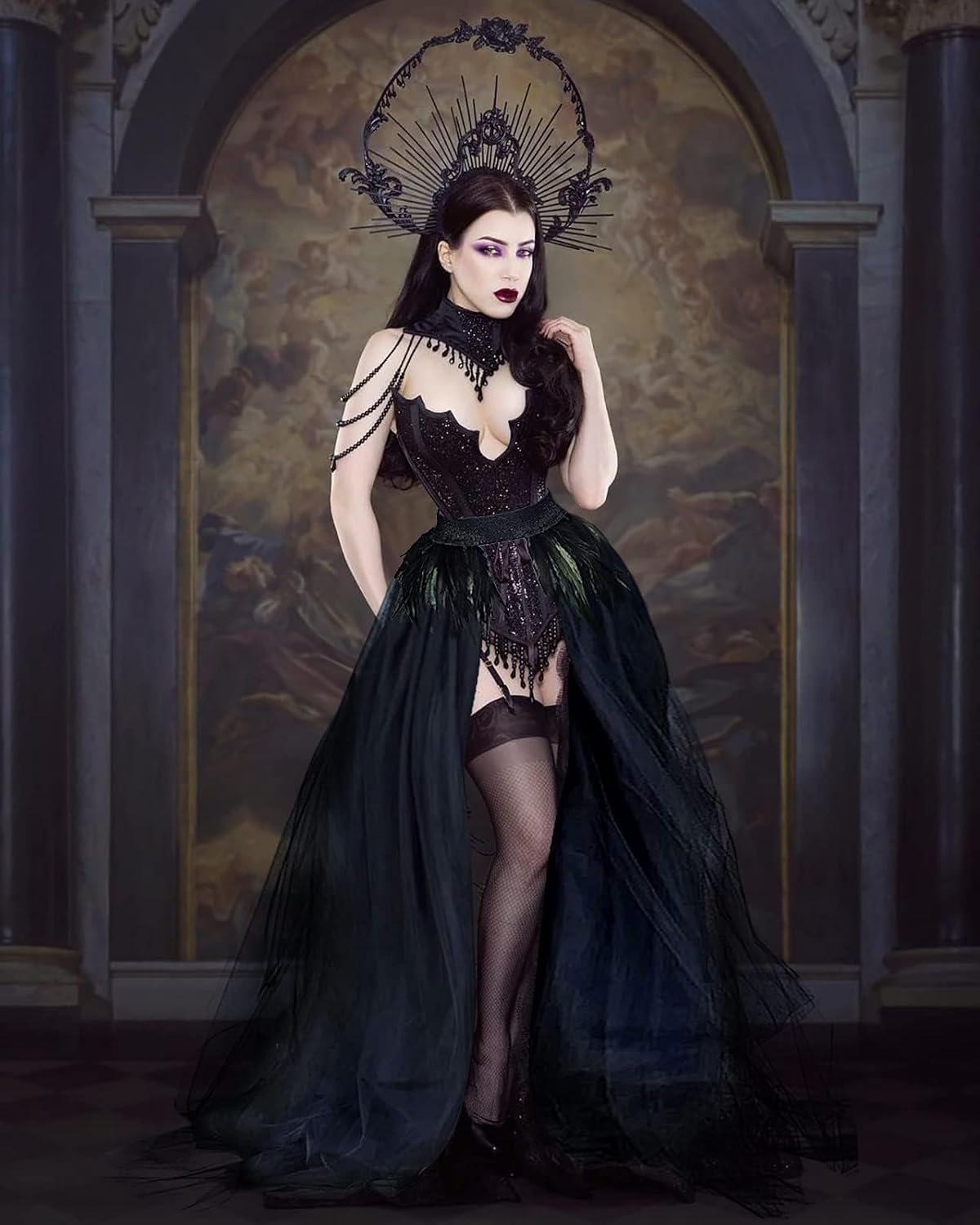 UQJE Black Gothic Witch Costume Raven Costume Halloween Feather Shawl Mesh Cape with Horns Set - Image 3