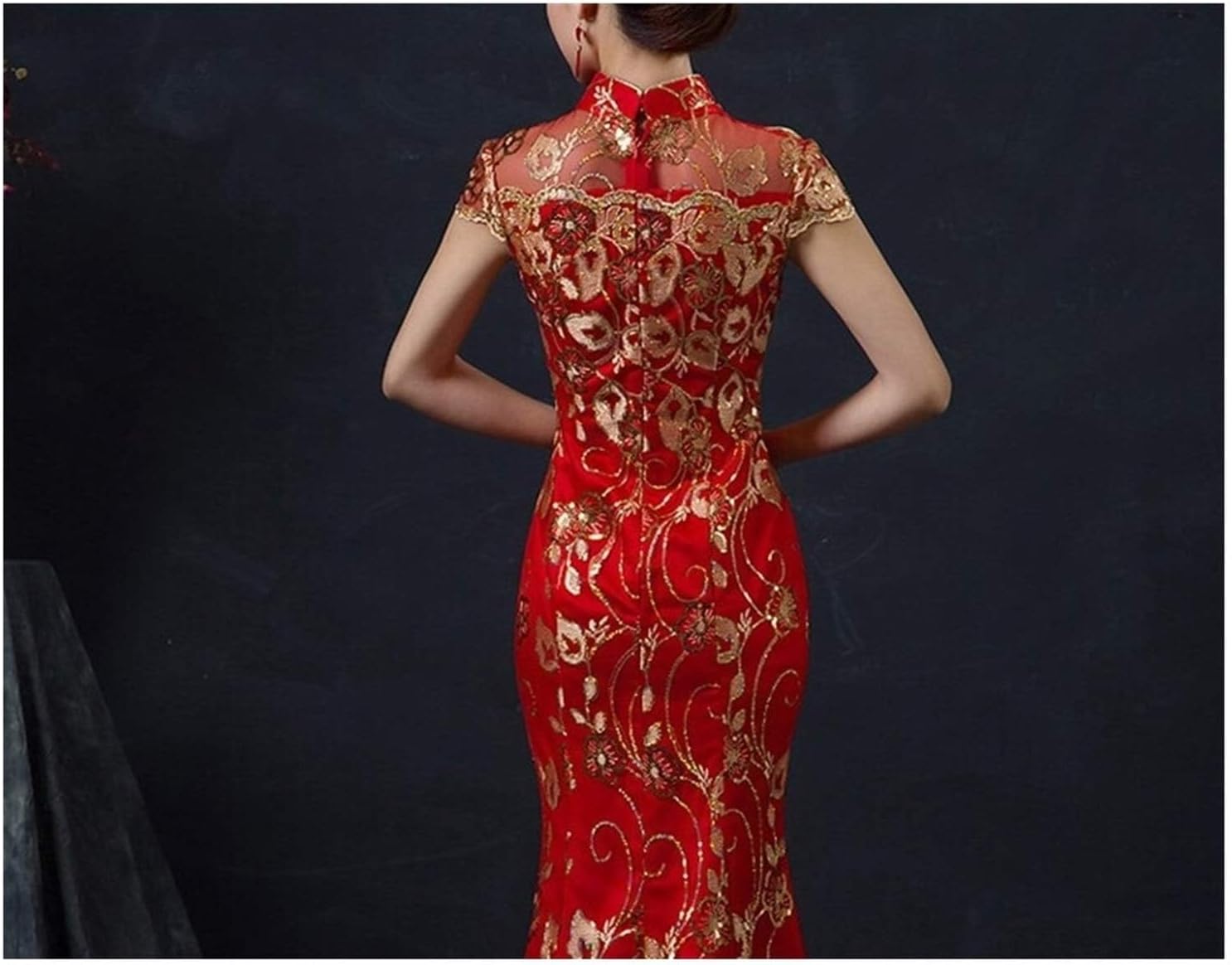 赤い中国のウェディングドレスの女性のロング半袖チャイナドレスゴールドスリム中国の伝統的なドレスの女性の袍結婚式のパーティー用 (色