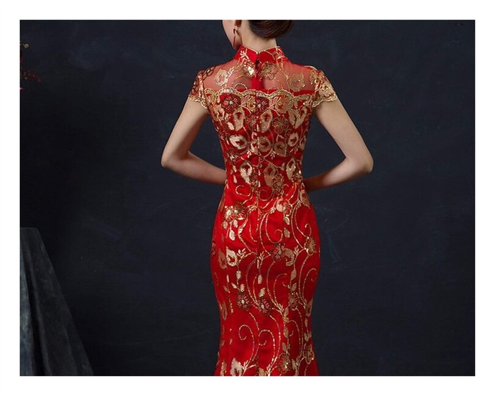 Vestido de Novia Chino Rojo para Mujer, Cheongsam Largo de Manga Corta, Dorado, Ajustado, Tradicional Chino, Qipao para Mujer, para Fiesta de Boda, cómodo