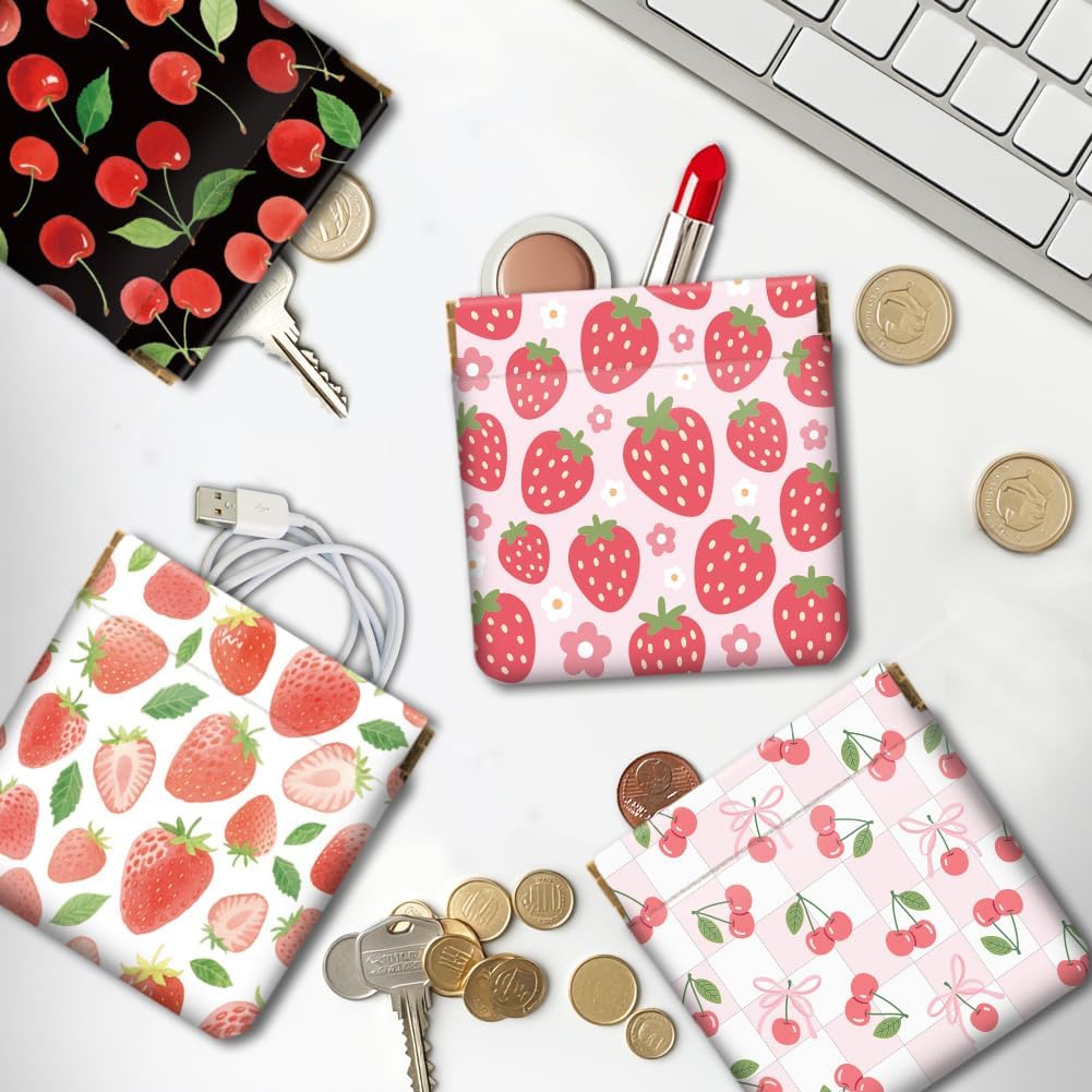 Peacoblue 4Pcs Small Leather Squeeze Coin Purse for Women-Strawberry and Cherry Pattern Waterproof & Durable Snap Closure Change Pouch Mini Money Wallet Bag for Adult Teen Girls Best Gift - Image 8
