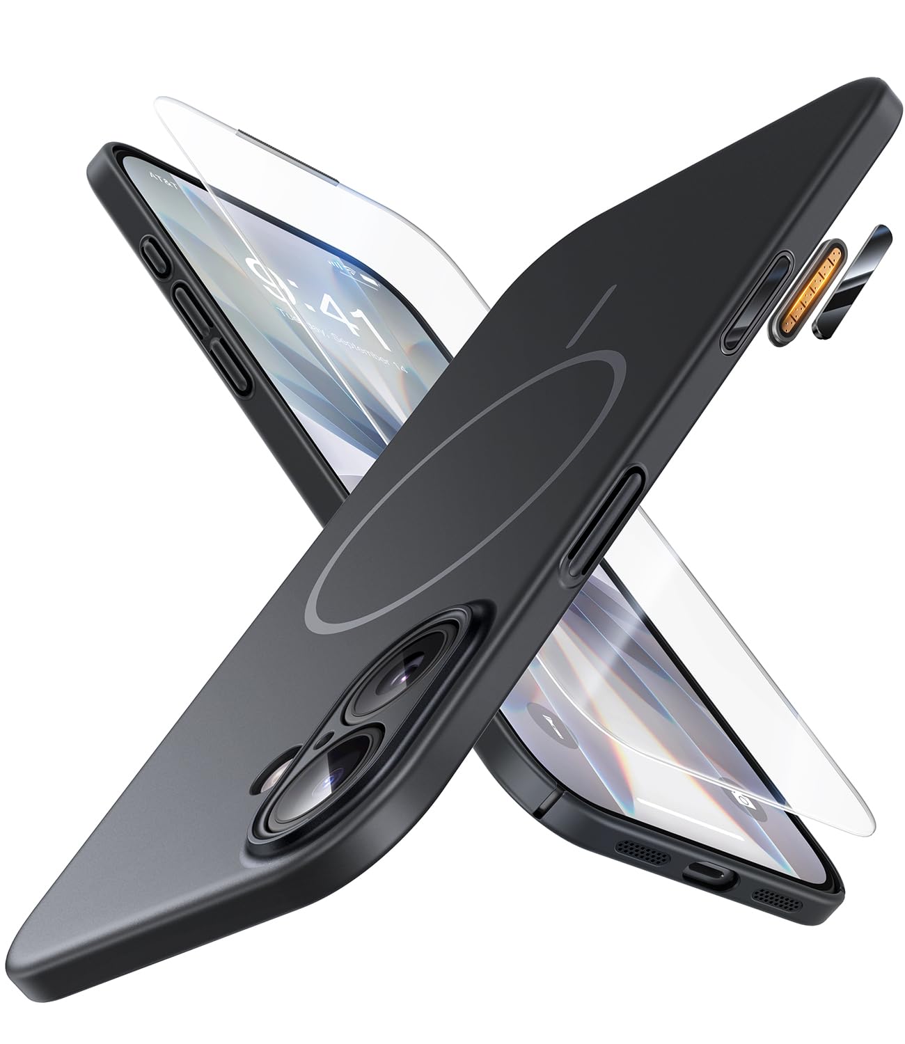 JUESHITUO iPhone 17 用の ケース 【超薄型・超軽量】シンプル MagSafe充電対応 マット質感 指紋防止 日本製PC 1Xスクリーン保護付き ストラップホール有り あいふおん17ケース 6.3 インチ ブラック