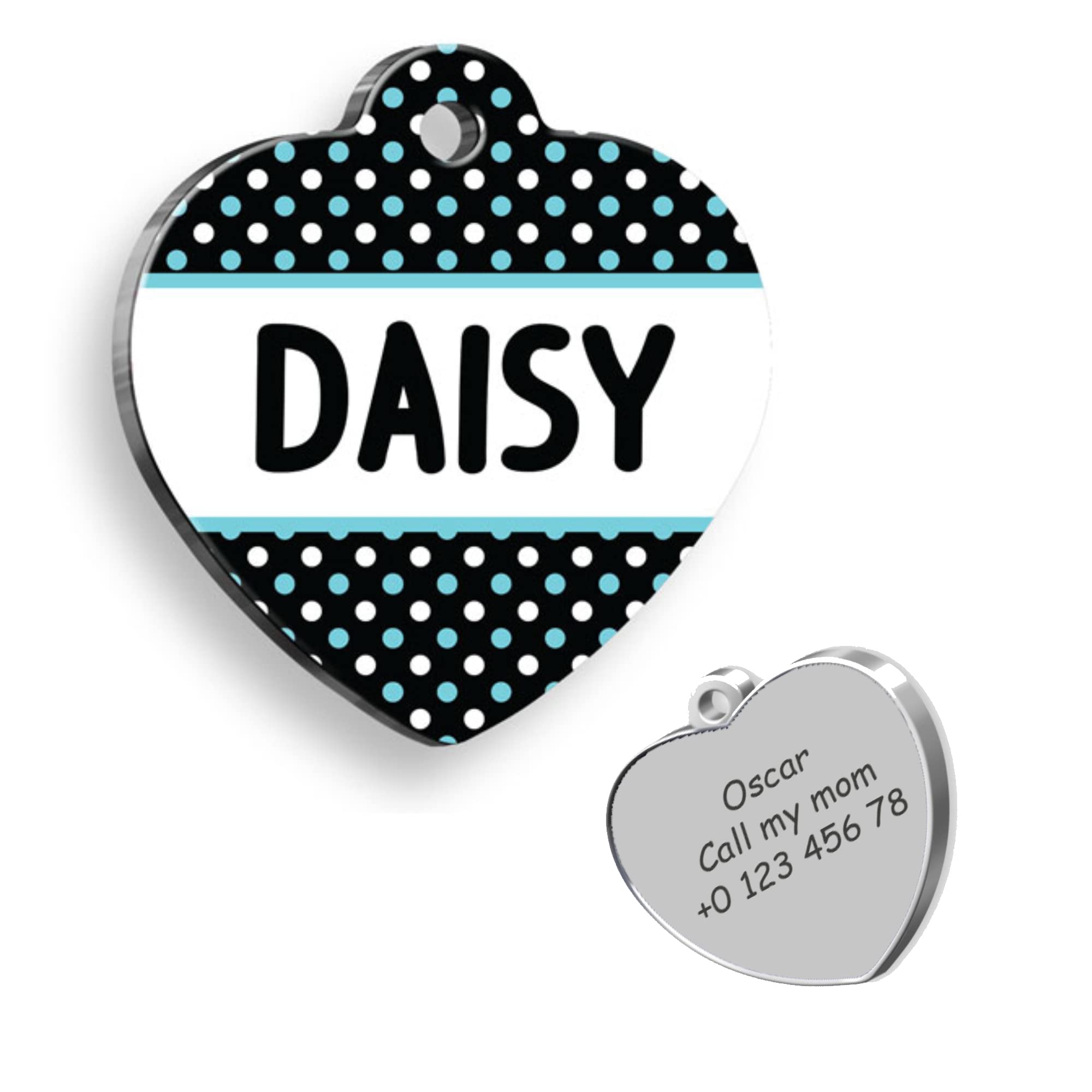 Polka Dot Black Heart Personalized Dog Tag - Custom Name Tag - ID Tag for Dog & Cat - Customized Pet Tags - Dog Name Tag - Cat Name Tag - Engraved Dog Tag