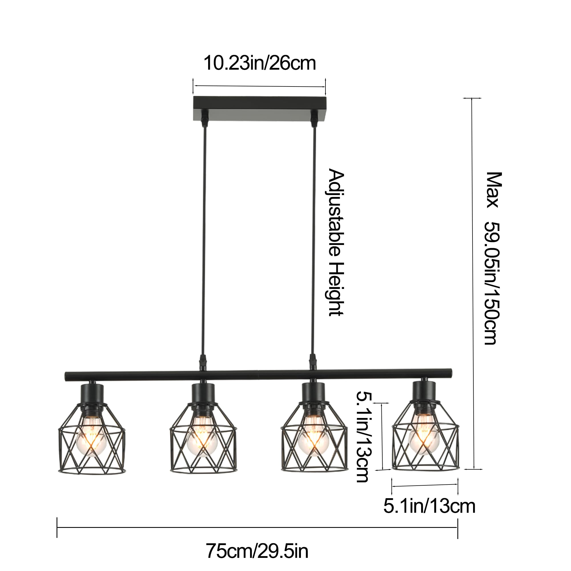 Lampadario a Sospensione Vintage Industriale, 4 Luci Lampada da Soffitto in Metallo E27, Lampada a Sospensione Retrò per Cucina a Isola e Tavolo da Pranzo, Nero, 75 x 13 x 140 cm