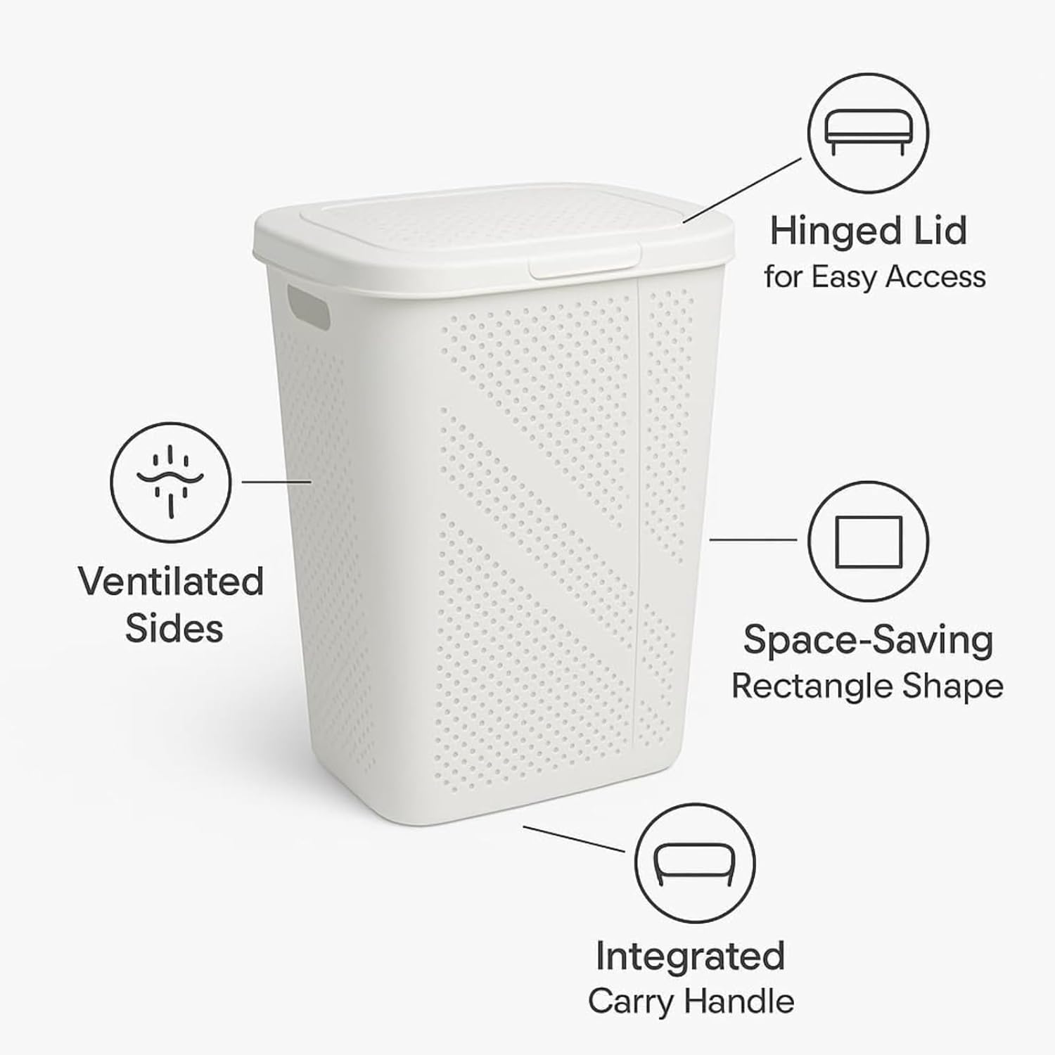 Slim Laundry Hamper with Lid, 60L Clothes Basket, Plastic laundry basket,for Home Storage Clothes Organizer, Laundry Room, College Dorm White