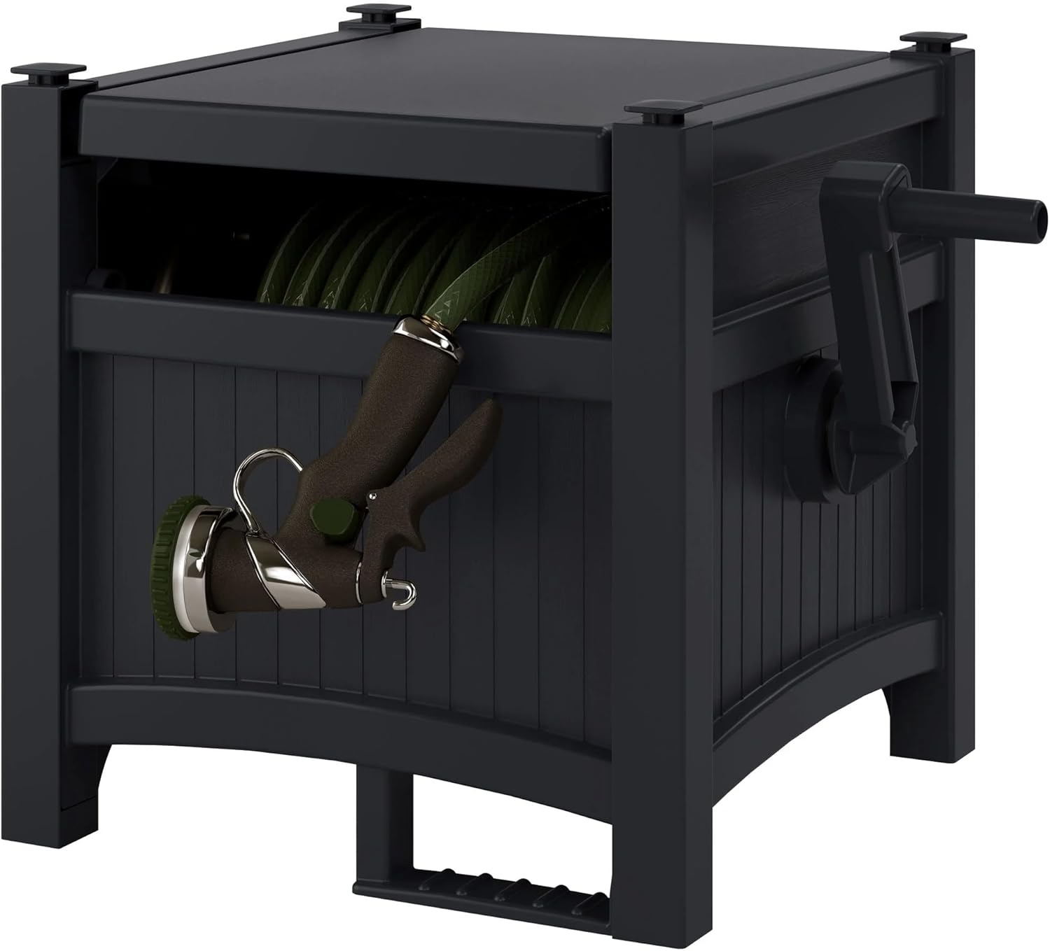 100FT Hose Reel Storage Box, Water Hose Holder,Durable Resin Garden Hose Reel, Mount Outdoor Organizer with Handle for Yard and Garden, Black