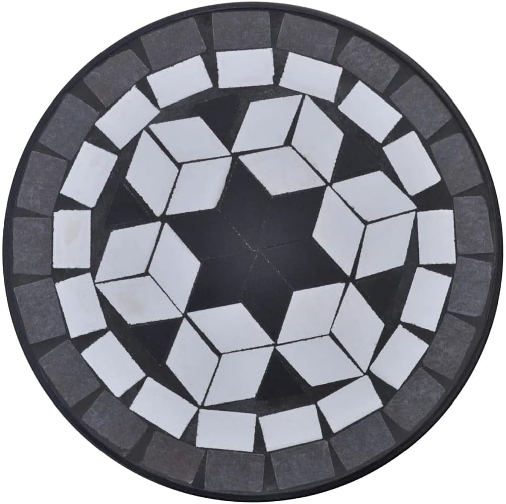 vidaXL Black and White Mosaic Side Plant Table - Weatherproof Ceramic Tabletop with Sturdy Iron Frame - Elegant Garden, Balcony, Terrace Decor