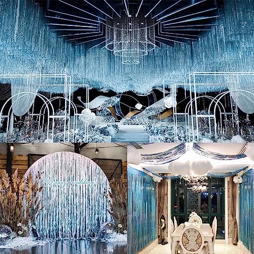 Image of 4Pcs Light Blue Fringe Backdrop 12.8x8.2 Feet Sparkle Metallic Tinsel Foil Fringe Curtain, Light Blue Fringe Curtains Door Streamers for Birthday Baby Shower Bachelorette Christmas Party Decorations