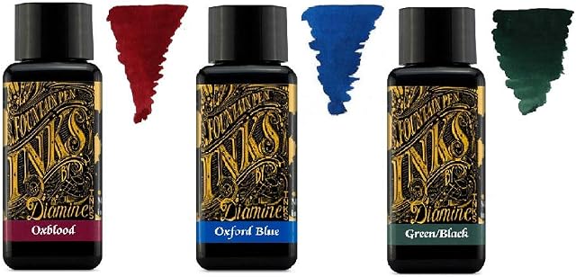 Diamine - 30ml Fountain Pen Primary Colour Ink - 3 Pack - Oxblood & Oxford Blue & Green Black