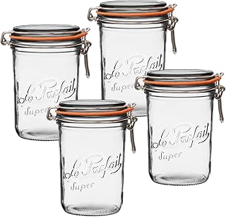 Le Parfait Super Terrine Jar | 32oz/Quart (Pack of 4) 1L French Glass Jar, Airtight Rubber Seal & Glass Lid | Glass Jars f...