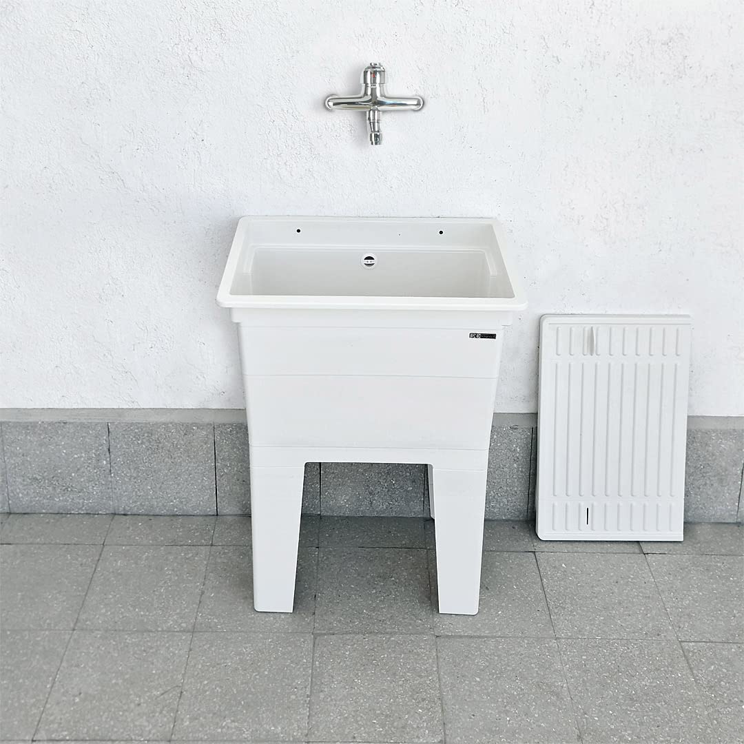 Lavadero de 60 x 40 x 75 cm para la colada de exterior de resina y PVC blanco, bañera y mesa de plástico compacto para jardín y terraza