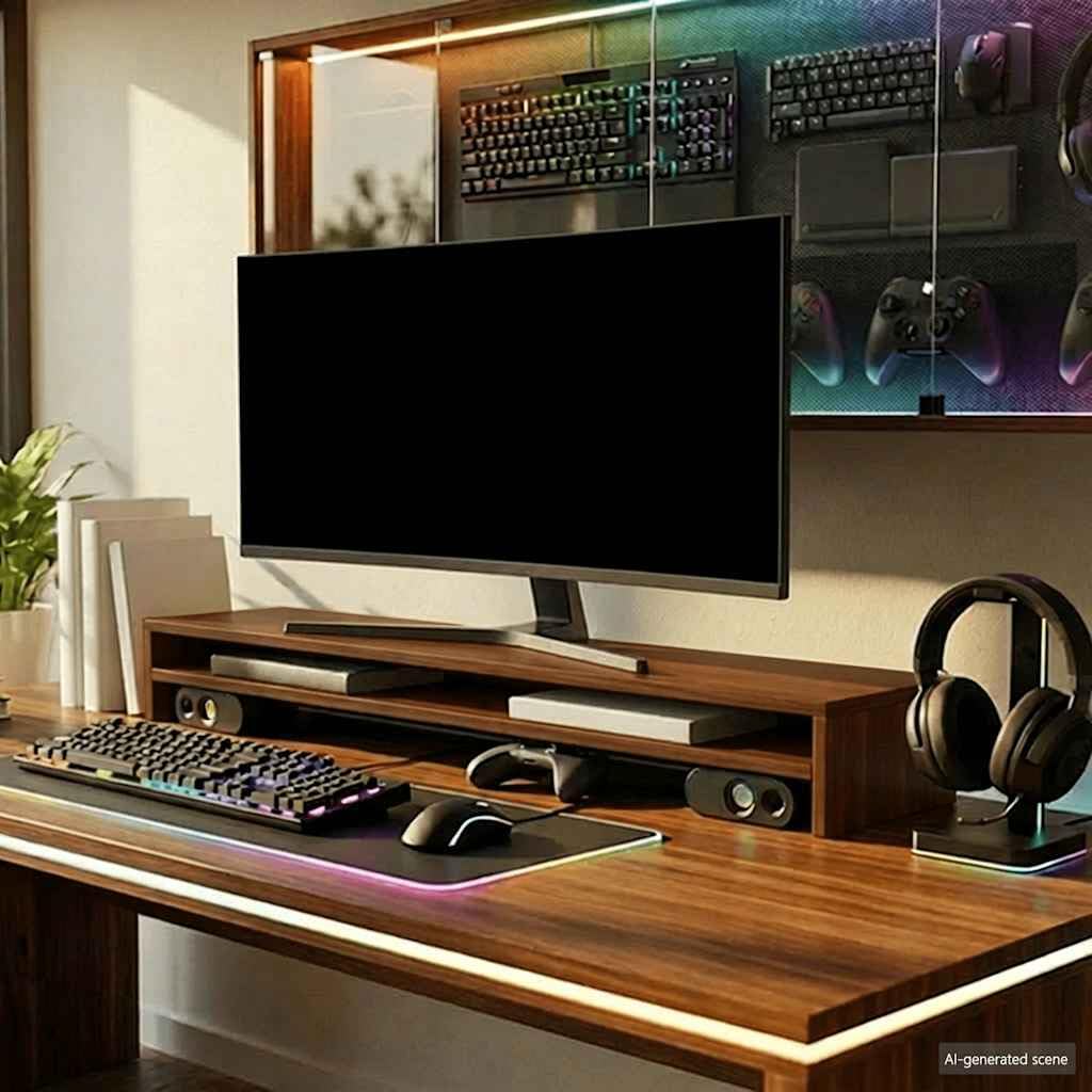Supporto per monitor marrone effetto rovere, 100 x 24 x 13 cm, in legno con ripiano, regolabile in altezza, orientabile, per ufficio, gaming, soggiorno, doppio monitor, supporto VESA