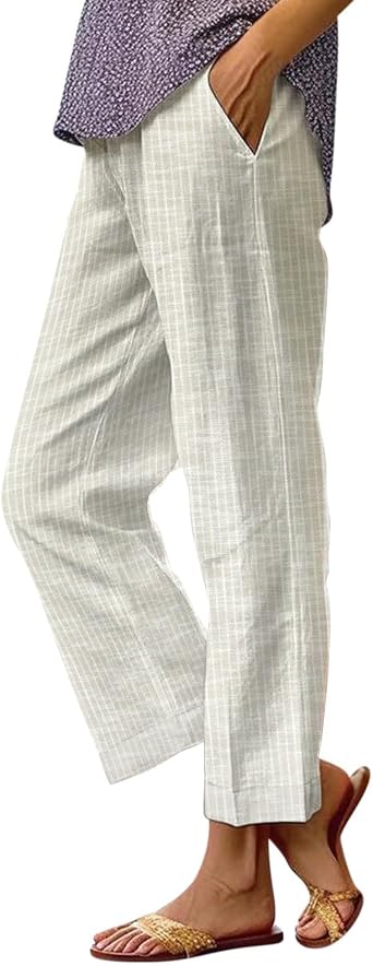 Striped Linen Pants Women Tall Wide Leg Cropped Trousers Lightweihgt Summer Casual Elastic High Waisted Stripe Pants