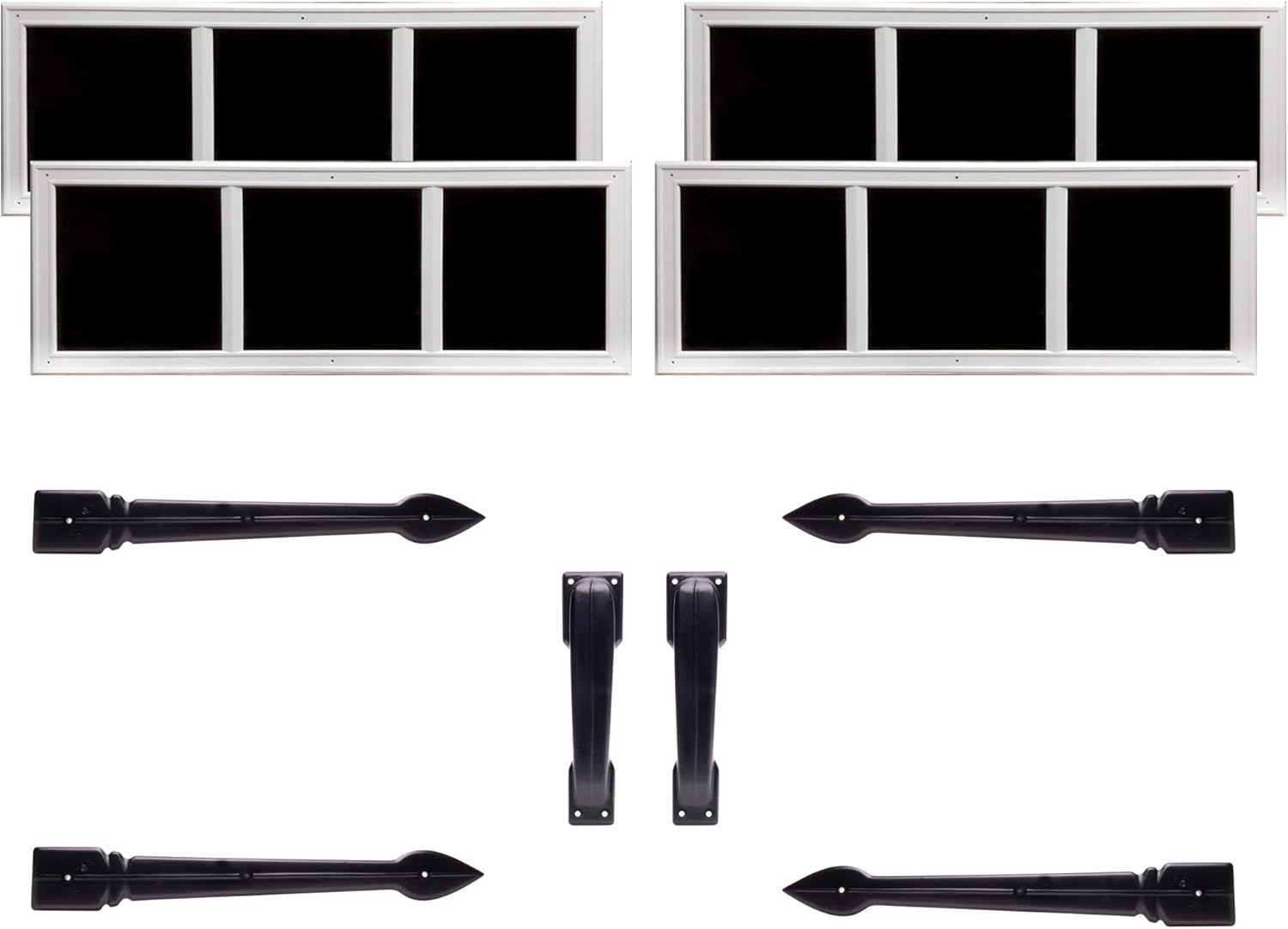 Coach House Garage Door Bundle | Heritage Window Kit & Traditional Hardware Kit | 4 White Faux Windows, Black Handles & Hinges | Made in USA