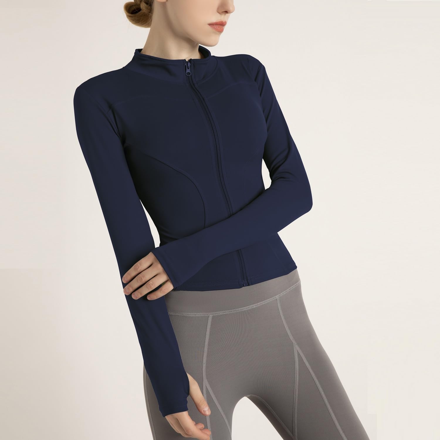 Chaquetas cortas ligeras y elásticas para correr para mujer, con cremallera completa, ajustadas, con agujeros para el pulgar
