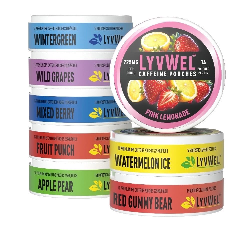 Image of LyvWel 225mg Caffeine Pouches, Guarana-Powered Energy Pouches, Nootropic Pouches, Nicotine Free Pouches and Tobacco-Free with Bold Flavors, 112 Total Pouches (8 Pack, All Flavors)