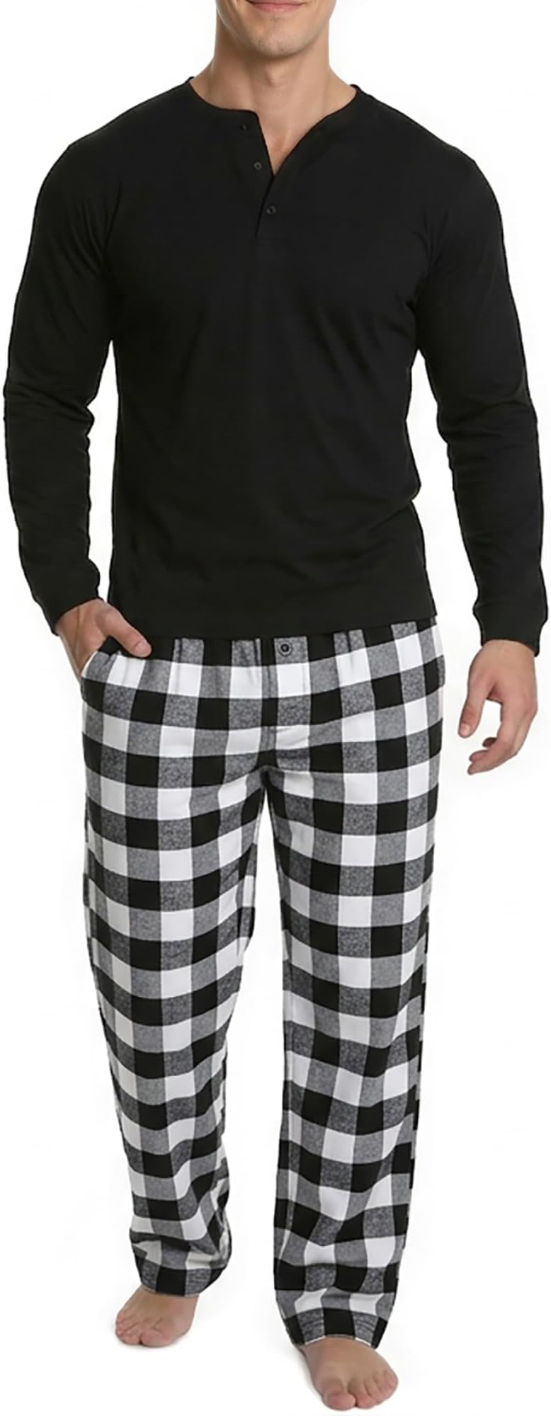 Men’s Pajama Set – Lightweight Flannel Pants & Long Sleeve Top – Soft Cotton Blend Year-Round Lounge Set