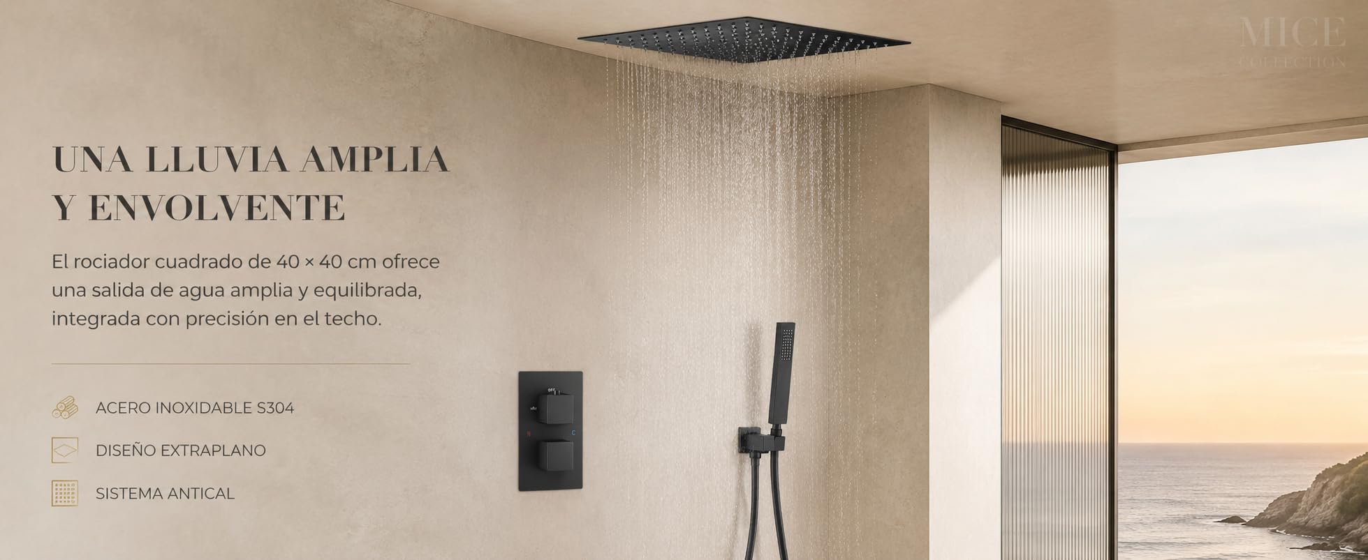 Mice - Conjunto ducha empotrada techo TERMOSTATICO - Rociador extraplano es de techo, cuadrado de 40 cm x 40 cm de lado incluye el premarco - Griferia de baño efecto lluvia color Negro Mate