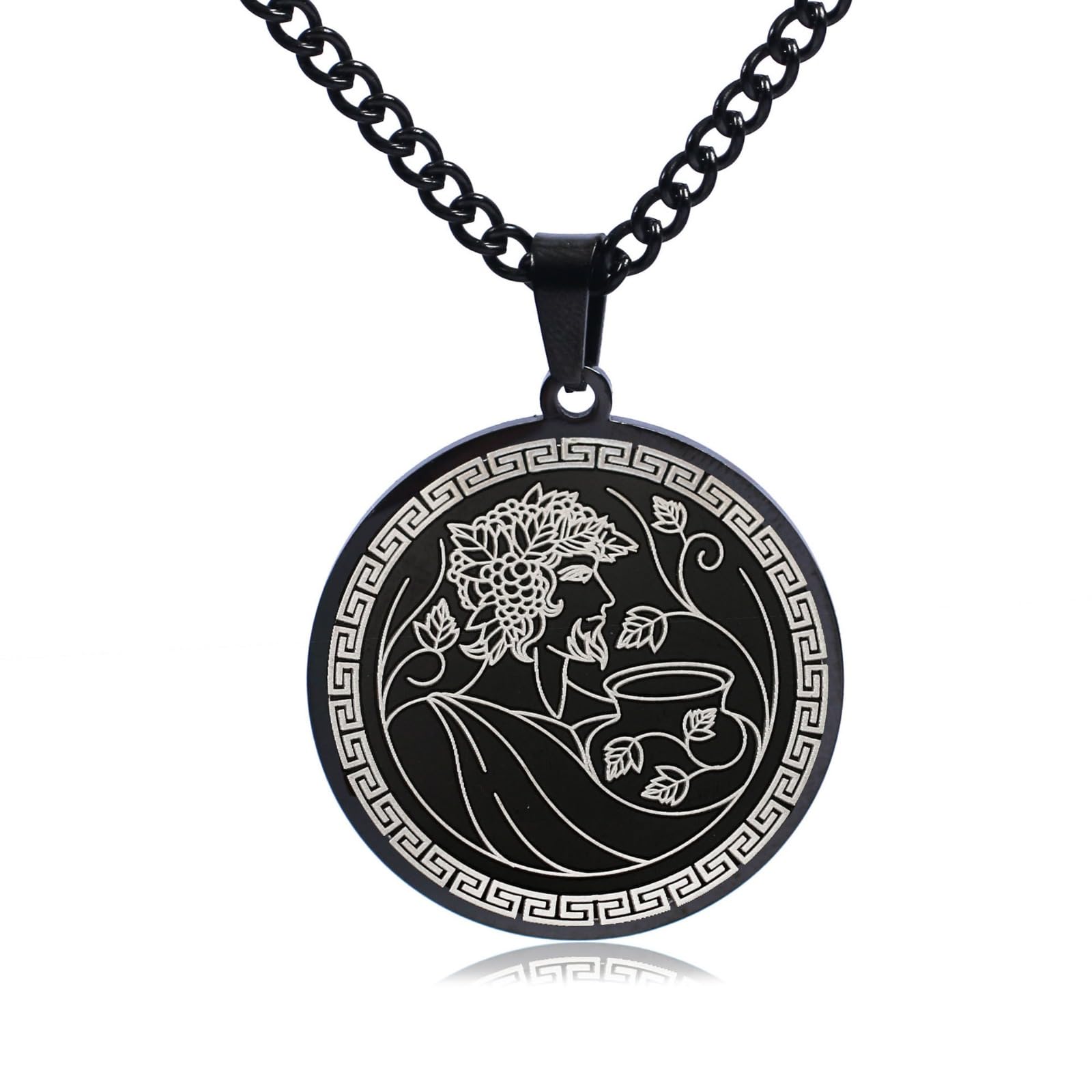Collier gravure Dionysos acier titane noir médaillon homme mythologie grecque