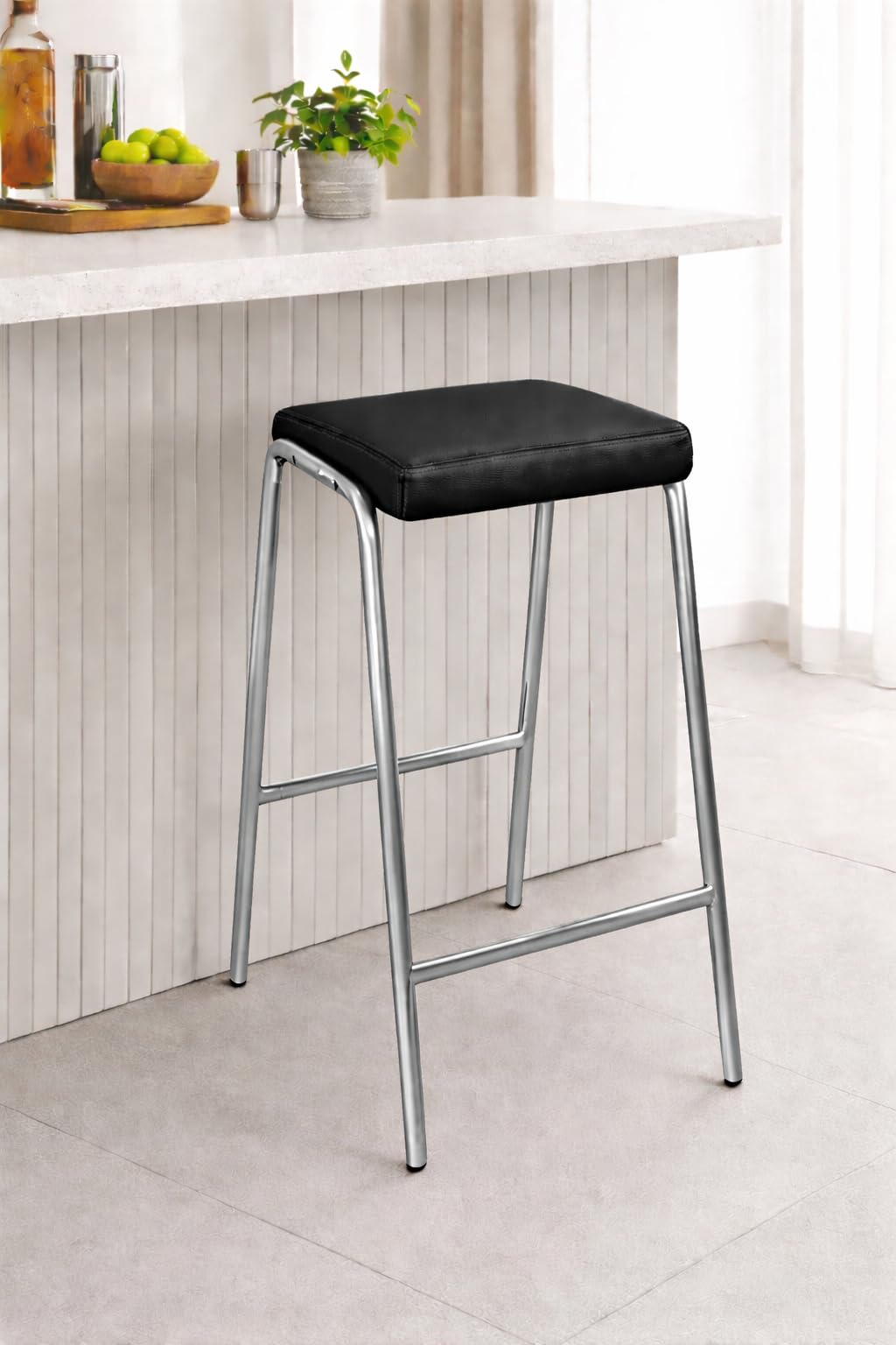 31388 Modern Sturdy Stainless Steel Frame Bar Stool with Black Cushioned seat/Breakfast Stool/Cafe Counter Stool 65cm Height - Chrome-image-4