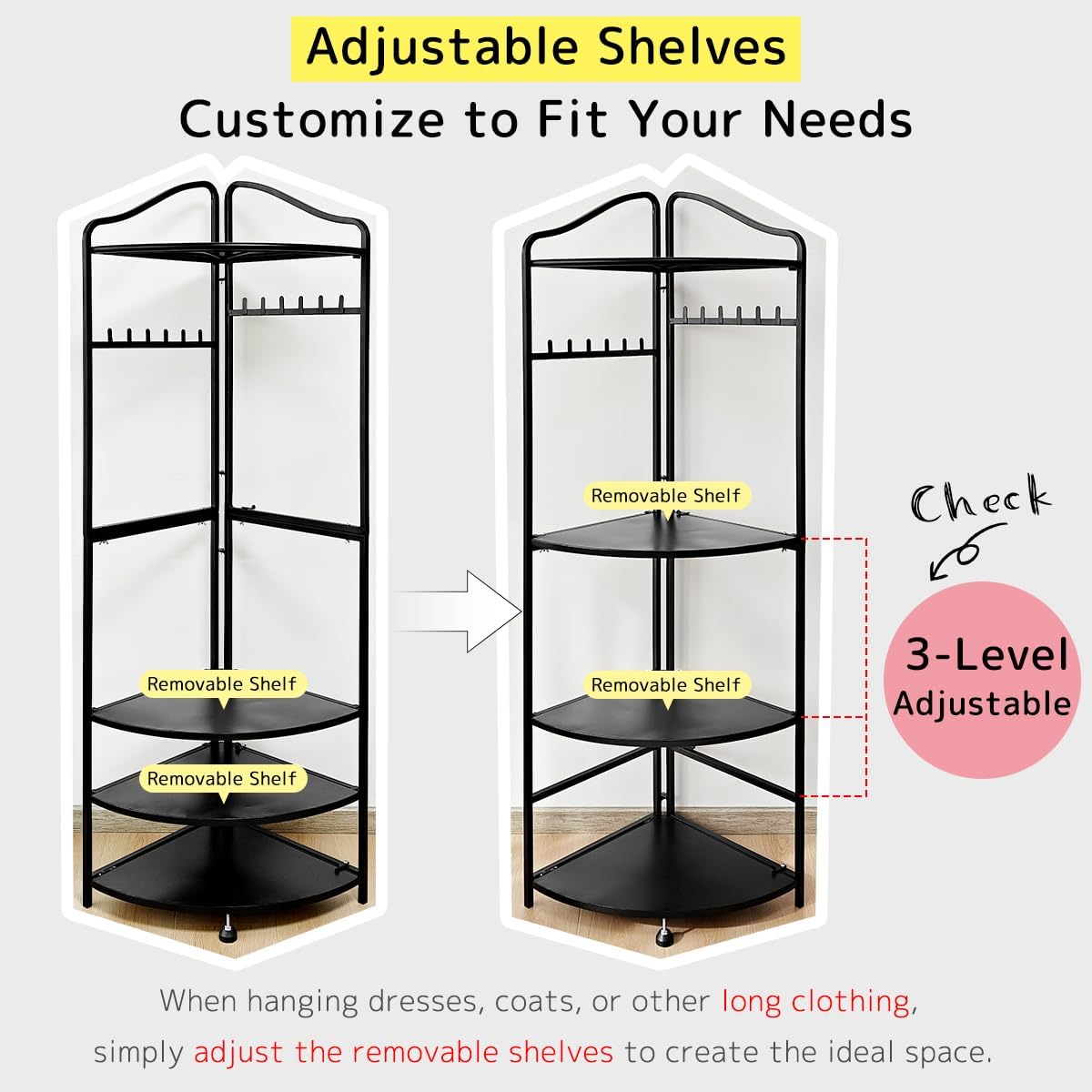 lumizone Corner Clothes & Coat Rack with Shelves for Small Spaces - Foldable 3-Tier Corner Shelves, Freestanding Clothing Wardrobe Closet for Bedroom/Closet/Dorm, 88lb Storage