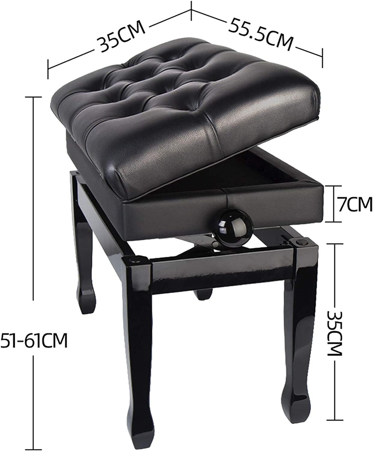 Ława do pianina z regulacją wysokości, wyściełana pojedyncza ława do pianina, konstrukcja ze schowkiem na nuty, praktyczna i funkcjonalna (null black) (czarny)