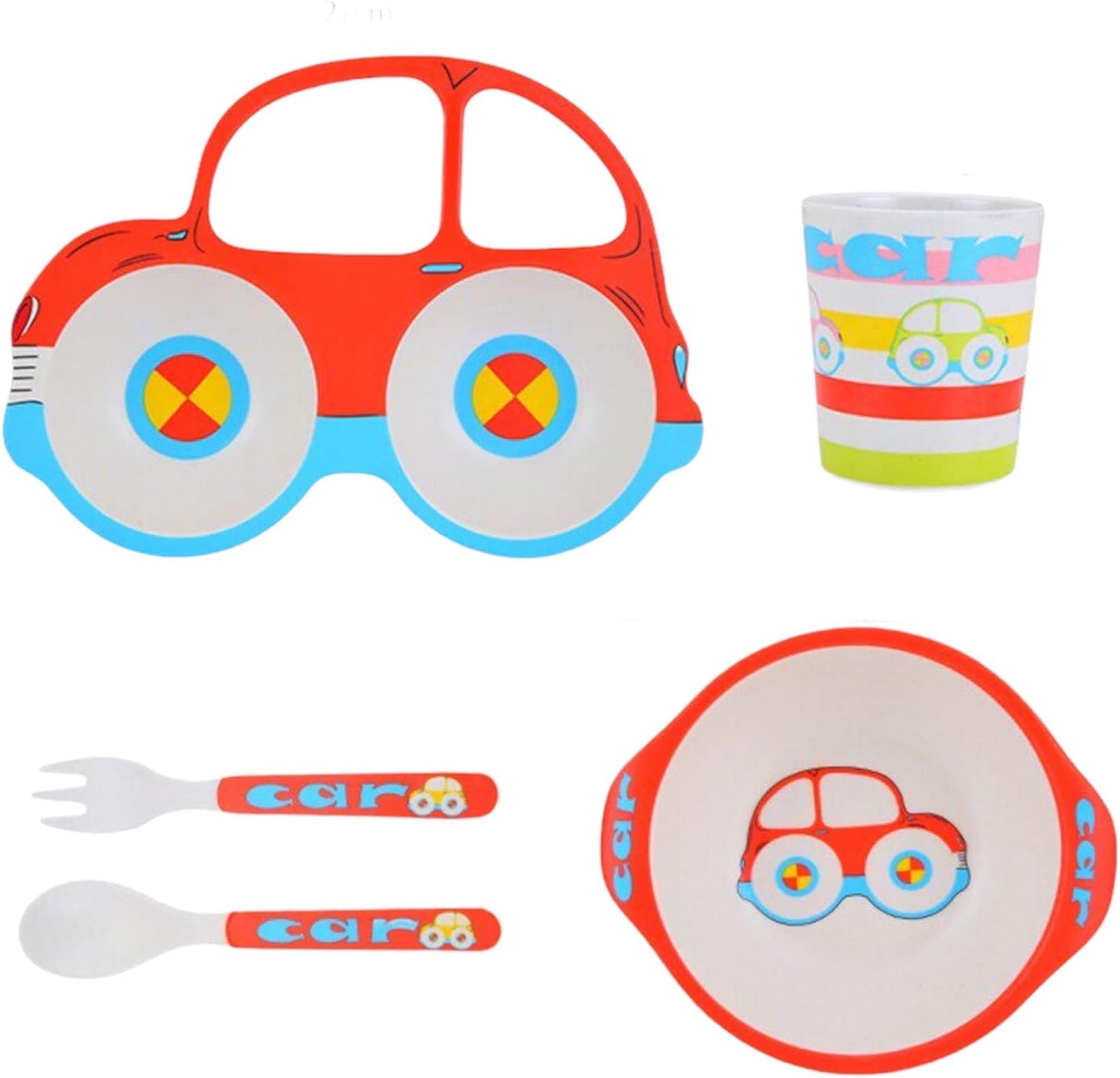 HIGHLAND 5 Pc Car Theme Kid’s Dinnerware Set – Bamboo Fiber Toddler Plate Bowl Cup Spoon and Fork Children’s Tableware Set – Divided Plate Kids Cutlery Self Feeding Set for Toddlers