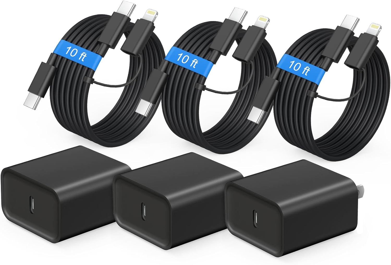 for iPhone 17 16 15 Charger Fast Charging, 3 Pack 10FT PD 20W USB C Charger with Lightning Cord & USB C Cable Type C Chargers Block for iPhone 17/17 Pro/17 Pro Max/16/16 Pro/15/14/13/12（Black）