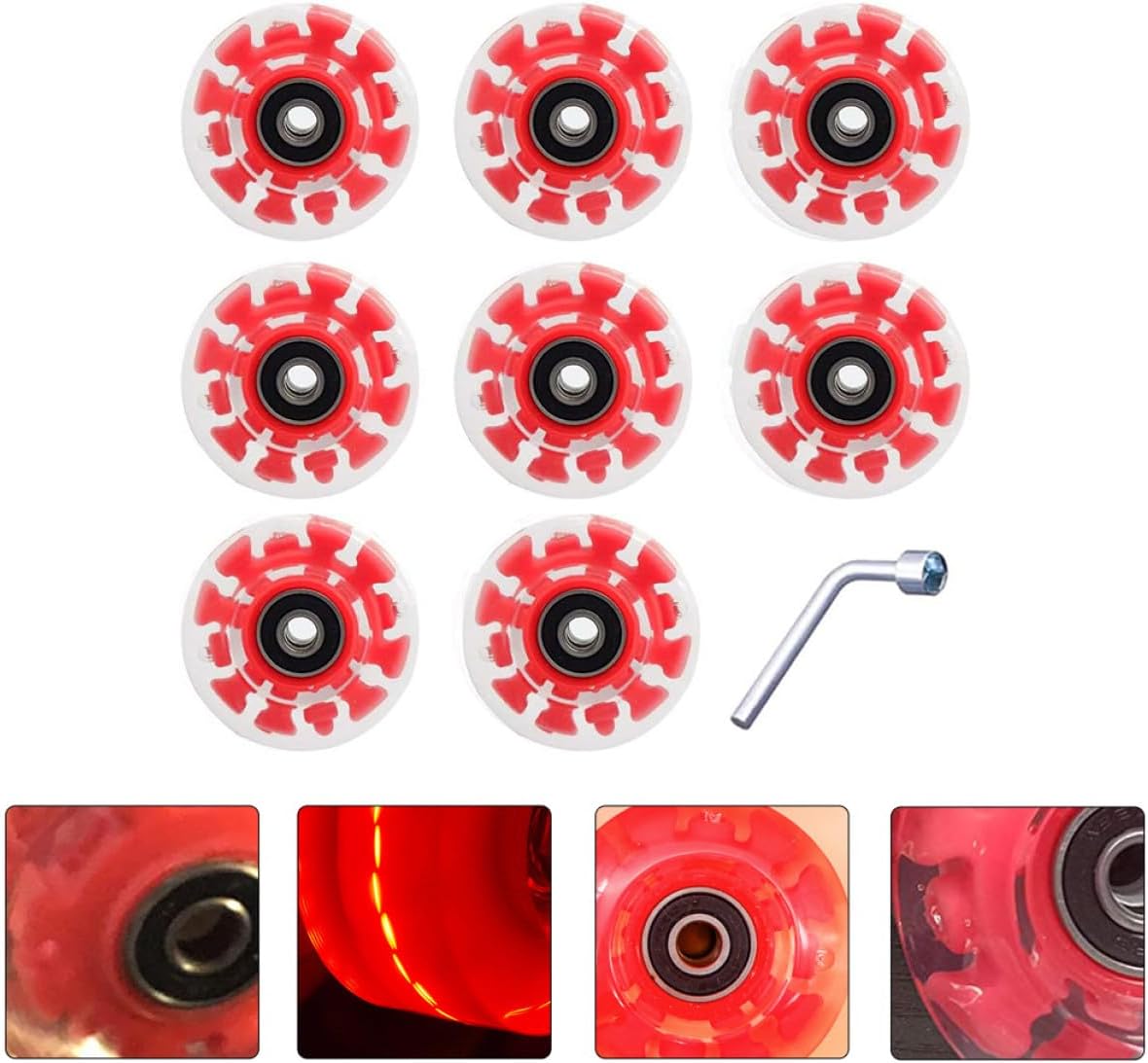 Light up Roller Skate Wheels Double Row Pu Replacement with Bearings and Wrench, Red LED Glow Skating Wheels Set of 8 for Outdoor and Indoor Roller Skates