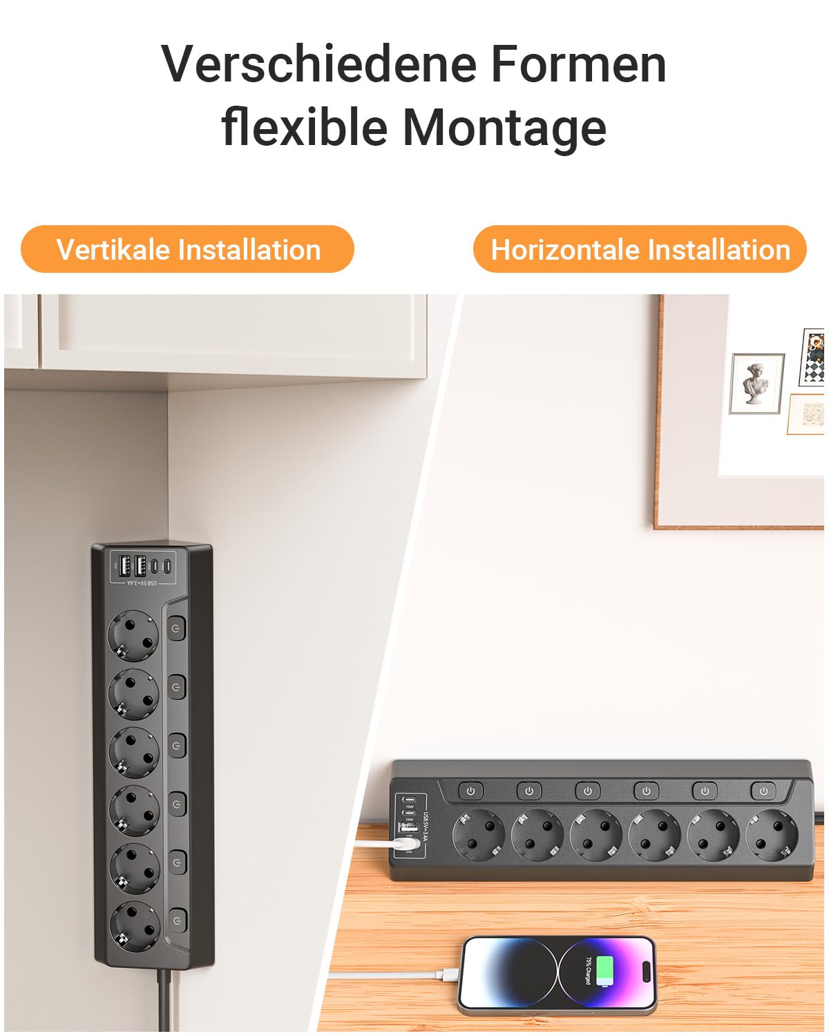 Ecksteckdosen-Steckdosenleiste, einzeln schaltbar, 6 Fach mit 4 USB (2X USB-C + 2X USB-A), Überspannungsschutz, Berührungsschutz, 2m Kabel, 3680W für Küche, Büro und Haushalt