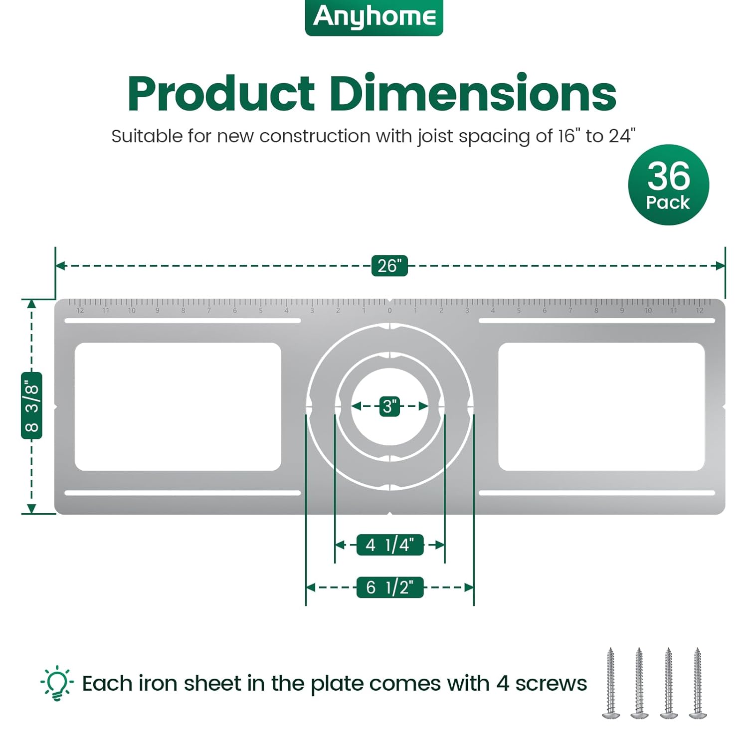 36 Pack New Construction Mounting Plate Round Hole 3" 4" 6" Galvanized Flat Steel Rough-in Fixture Wafer Light Bracket Led Recessed with Screw Accessories