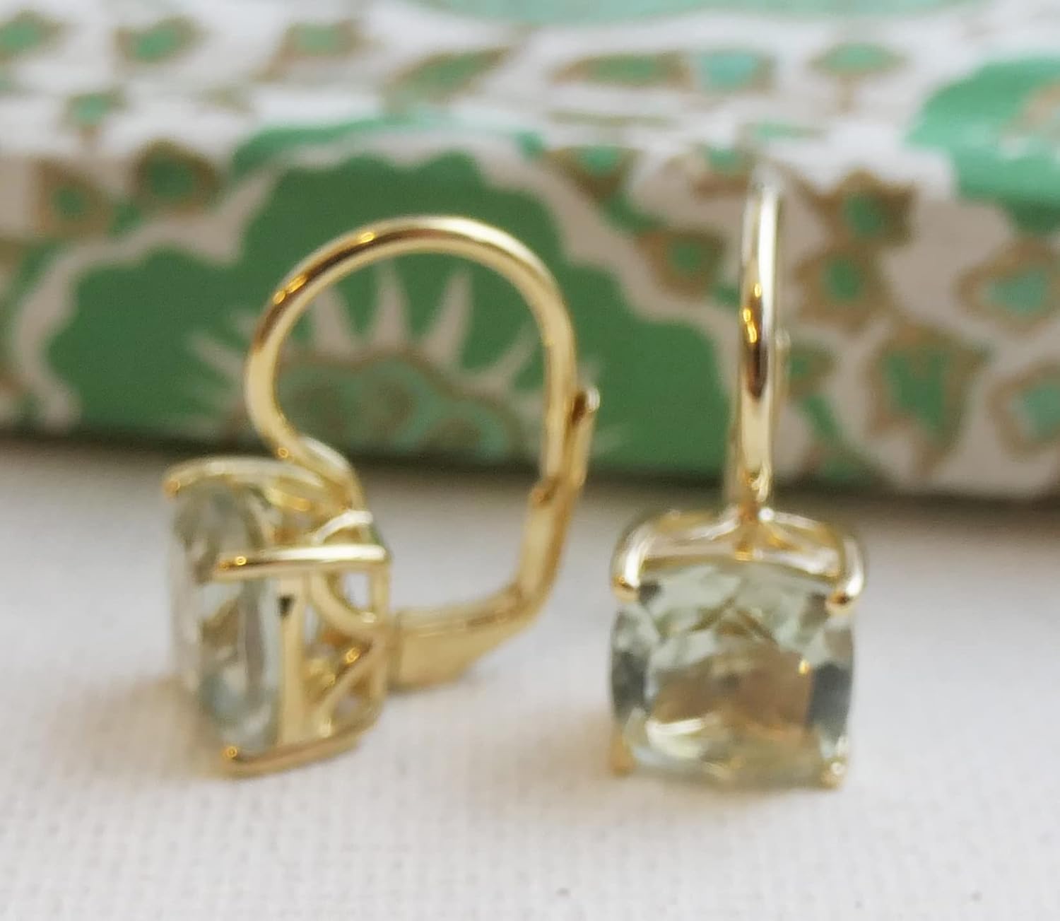 Cushion Green Amethyst Gold Plated Sterling Silver Leverback Drop Earrings - Handmade Gemstone Jewelry Gift Ideas for Women Her