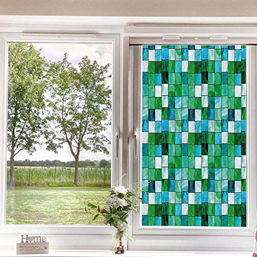 Emerald Frosted Window Film Window Privacy Film,Geometric Mosaic Squares With Soft Aquatic Color Scheme Checkered Tile Pattern Privacy Door Privacy Window, Blue Sea Green 24 X 36 Inches #TOP3