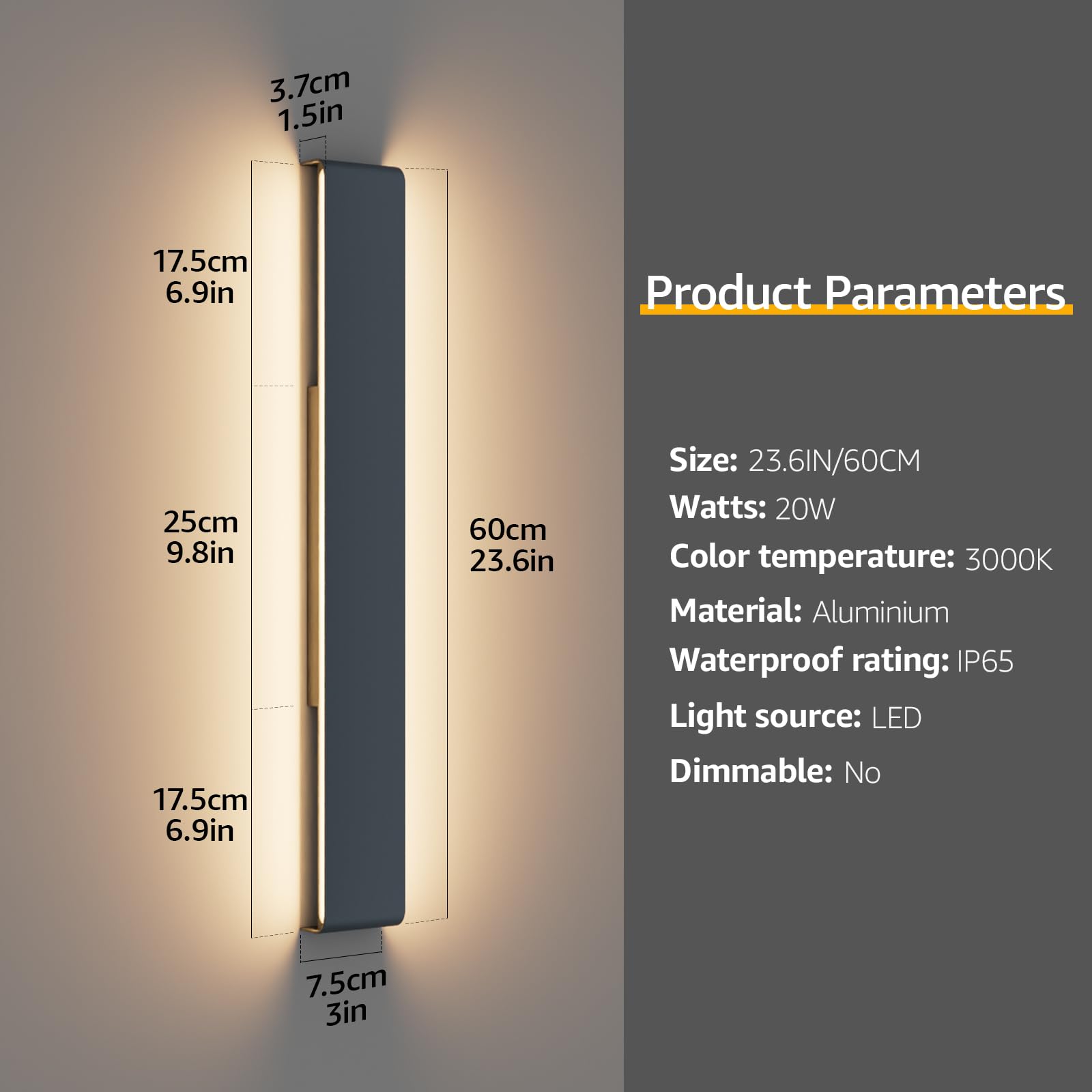 Klighten 20W Applique Murale Exterieur, Aluminium Longue Extérieure Éclairage Mural Imperméable IP65 Pour Jardins, Terrasses, Lampe Murale Exterieur Blanc Chaud 3000K (Anthracite, 60CM)